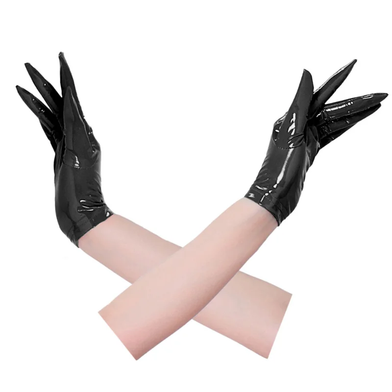 Seksi kadın rugan uzun/kısa eldiven PVC islak bak bayanlar parlak siyah kırmızı parti akşam PU eldiven Cosplay gotik Clubwear