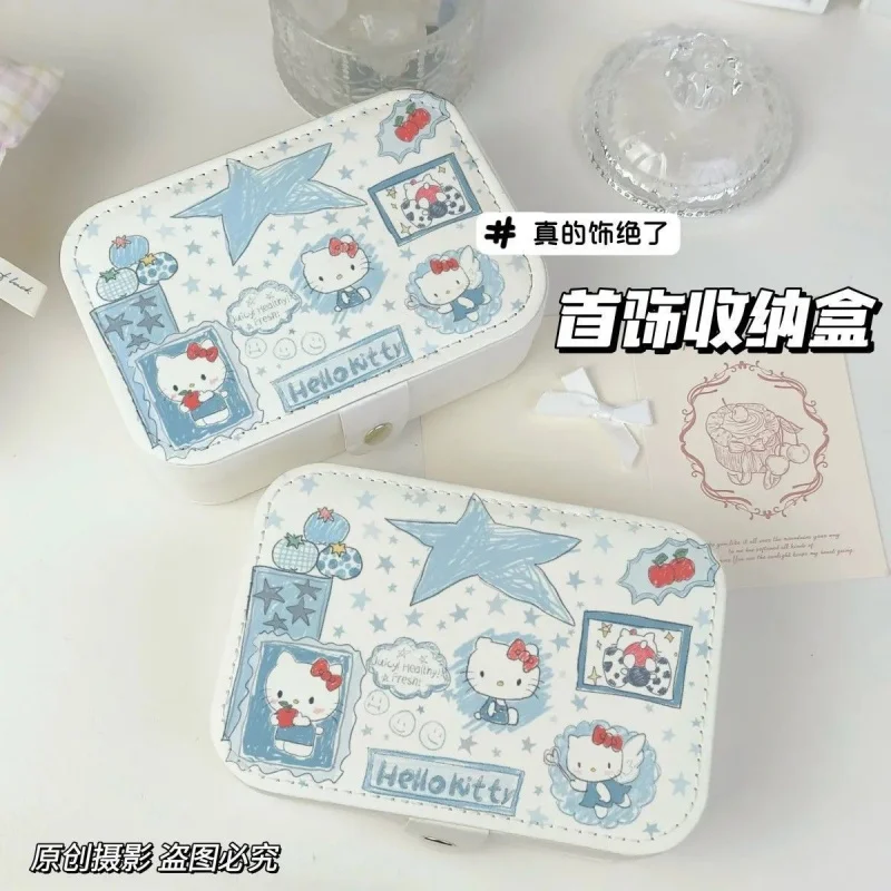 Hand-painted blue Kitty portable jewelry boxinsElegant large-capacity jewelry box for earrings, rings, and necklaces for travel