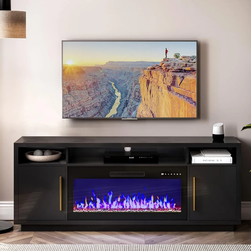 Supporto TV con camino da 70" per TV fino a 80", centro di intrattenimento con luce a LED con stufa elettrica per camino da 36", armadio portaoggetti
