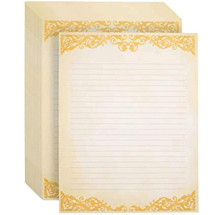 

Letter Writing Paper Set - 48 Sheets 8.5 x 11 In Ivory - Vintage Lined Stationery with Gold Border for Decorative and Fancy Han