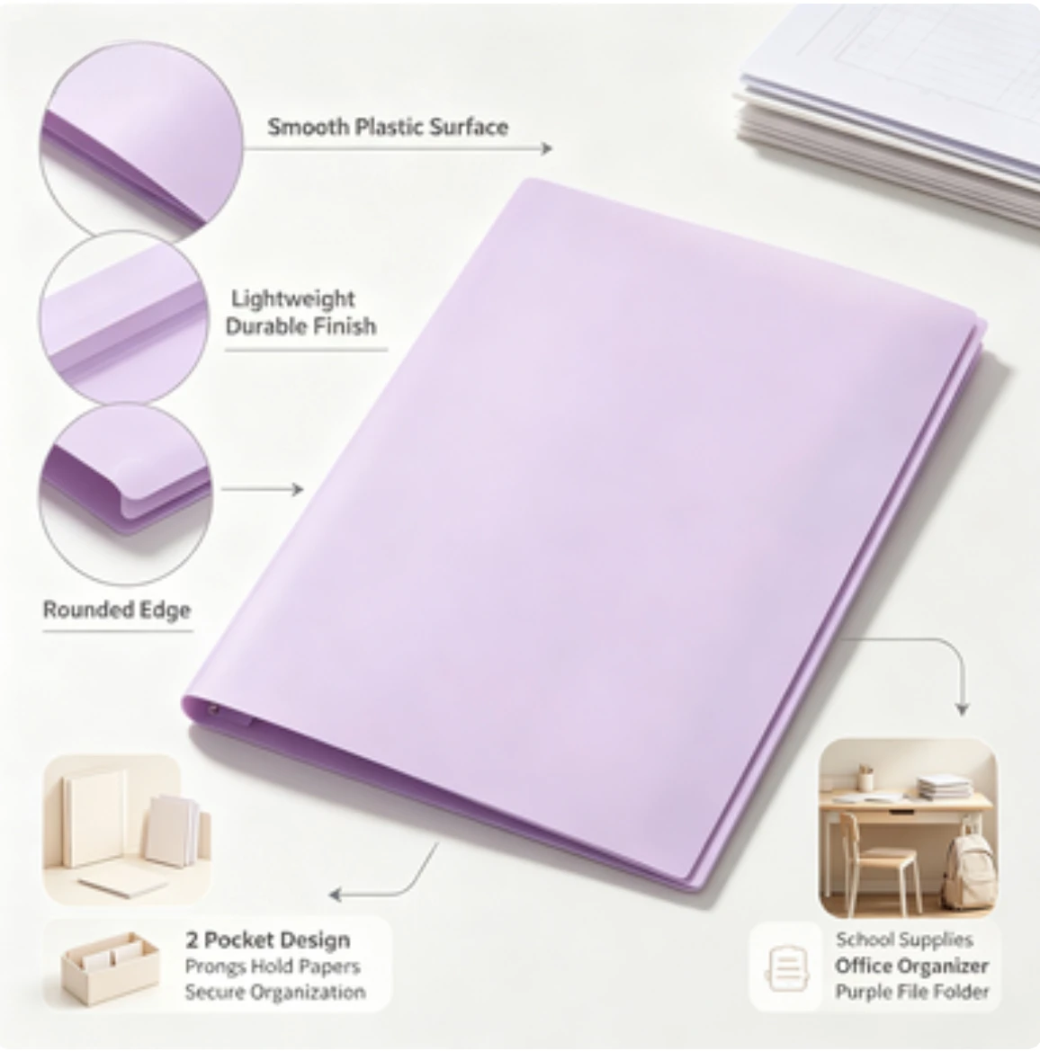 **2 Pocket Plastic Folder with Prongs, Pastel Purple Poly File Folder, 25 Sheet Capacity, Dual Internal Pockets, Letter Size Paper Organizer for School Homework, Class Notes and Office Documents** view 4