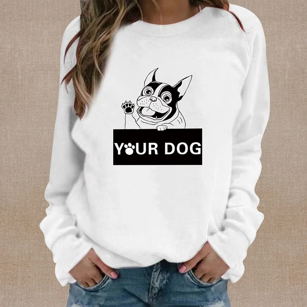 

New Women's White Sweatshirt Footprints Pattern Printed LongSleeve Casual Sweatshirt Round Neck Lightweight Comfortable Pullover