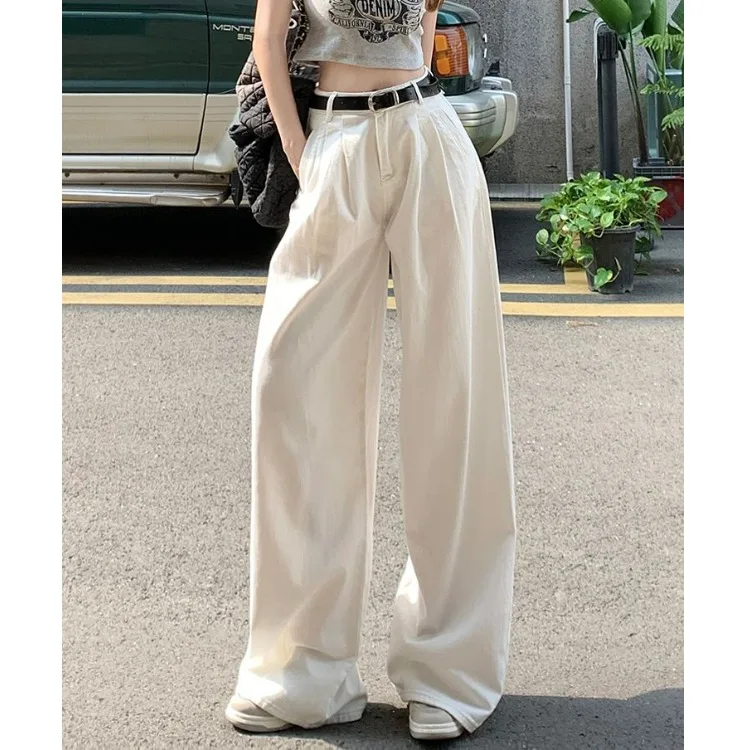 

American Style High Waist Wide Leg Jeans Women's New 2025 Loose Folded Lazy Drape Straight Cut Pants Slimming Effect