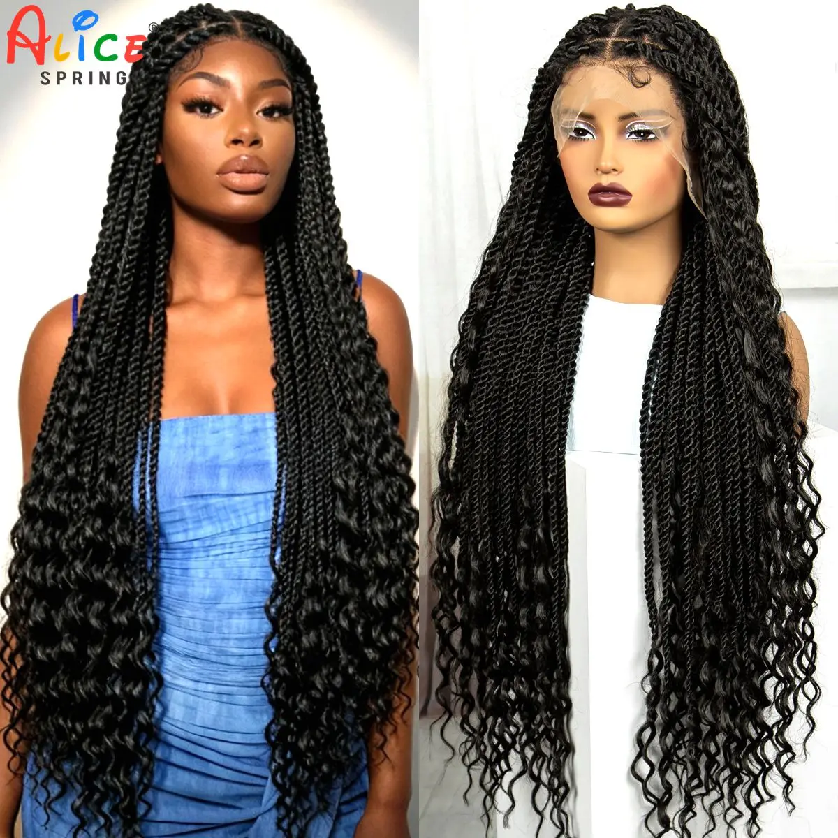 

Boho Braided Wigs with Curly Ends 36Inch Long Synthetic Full Lace Braids Wigs Knotless Box Braided Wig for Black Women