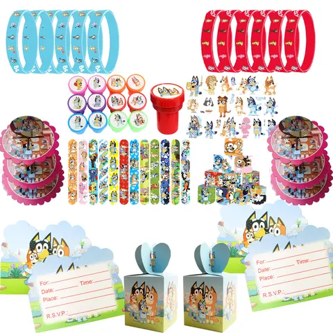 New Bluey Birthday Party Supplies Kit with Gift Bags Balloons Wristbands Badges Seals Stickers Party Favors Decorations for Fsns