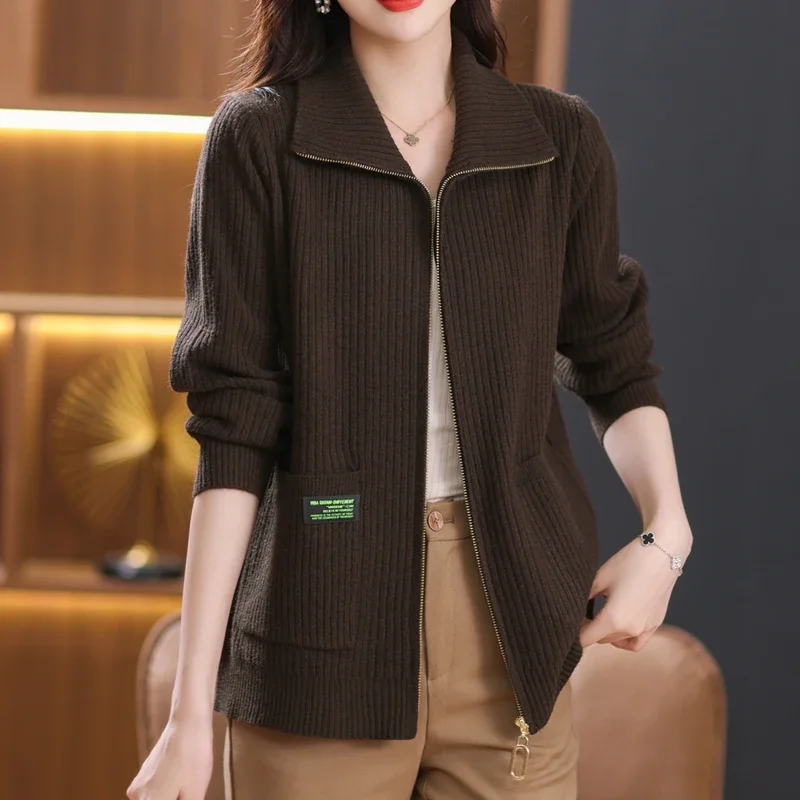 2025 New Women's Fashion Cardigan Sweater Chic Long Sleeve Zipper Knitwear Casual Sweatshirt Coat Spring Knitted Top for Females