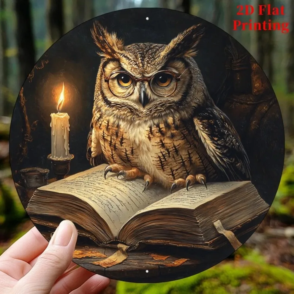 Eule und Buch, rundes Aluminiumschild, 20,3 x 20,3 cm – rustikale Dekoration für Zuhause, Garten, Küche, perfektes Geschenk zum Vatertag, 1 Stück