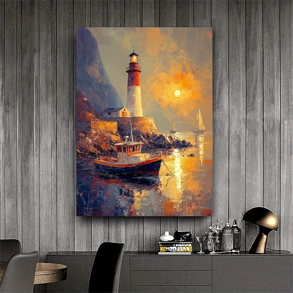 (No frame)1pc Vintage Nautical Seascape Oil Painting on Canvas, 12x16inch - Lighthouse and Sailboats in Calm Waters, Impressi