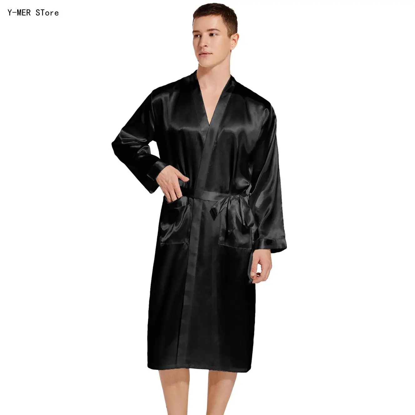 Men Spring Summer Satin Robe Long Open Front Gown Soft Male Loungewear Casual Bathrobe for Home Bedroom Indoor Daily Wear