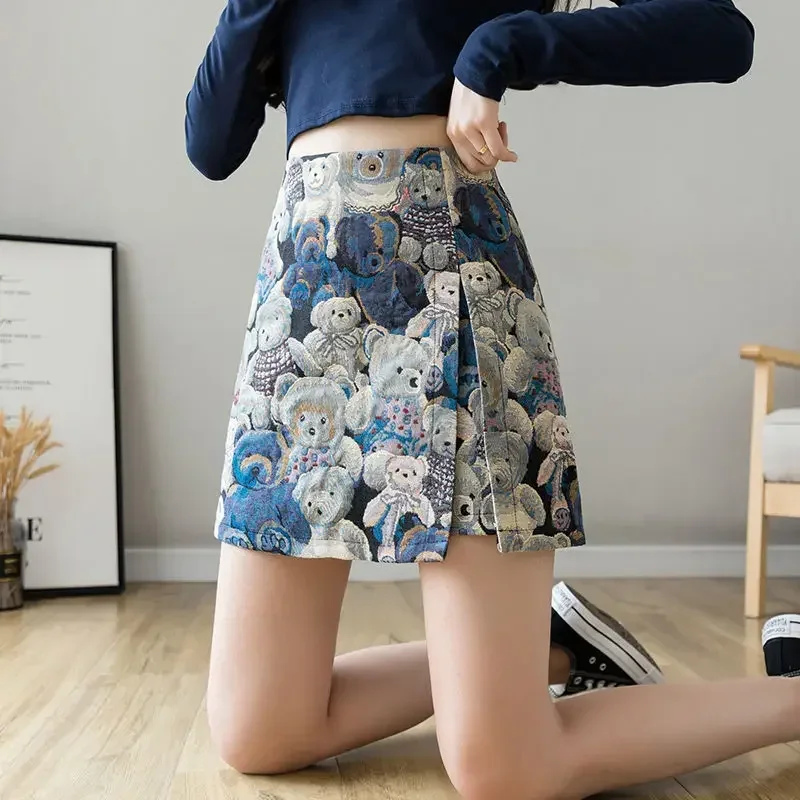 Bear Embroidered Split Mini Skirt Women 2025 New High-waisted Hip A-line Short Y2k Skirt Medieval Skirt Female