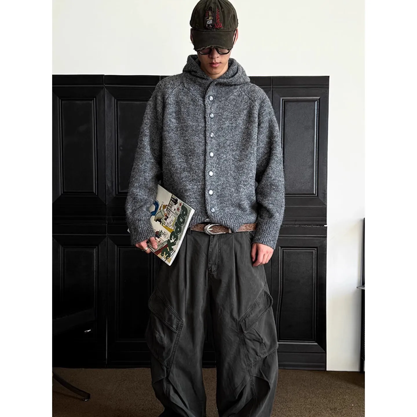 Man Knitting Hoodies 2025 Winter New Men's Heavyweight Knit Cardigan Solid Color Half Turtleneck Hooded Warm Thick Outerwear