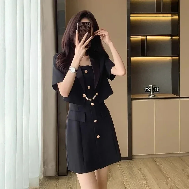 Women Summer Slim Short Blazers Camisole 1 or 2 Piece Set Korean Office Lady Fashion Coat Button Sling Mini Dresses Outfits 2024