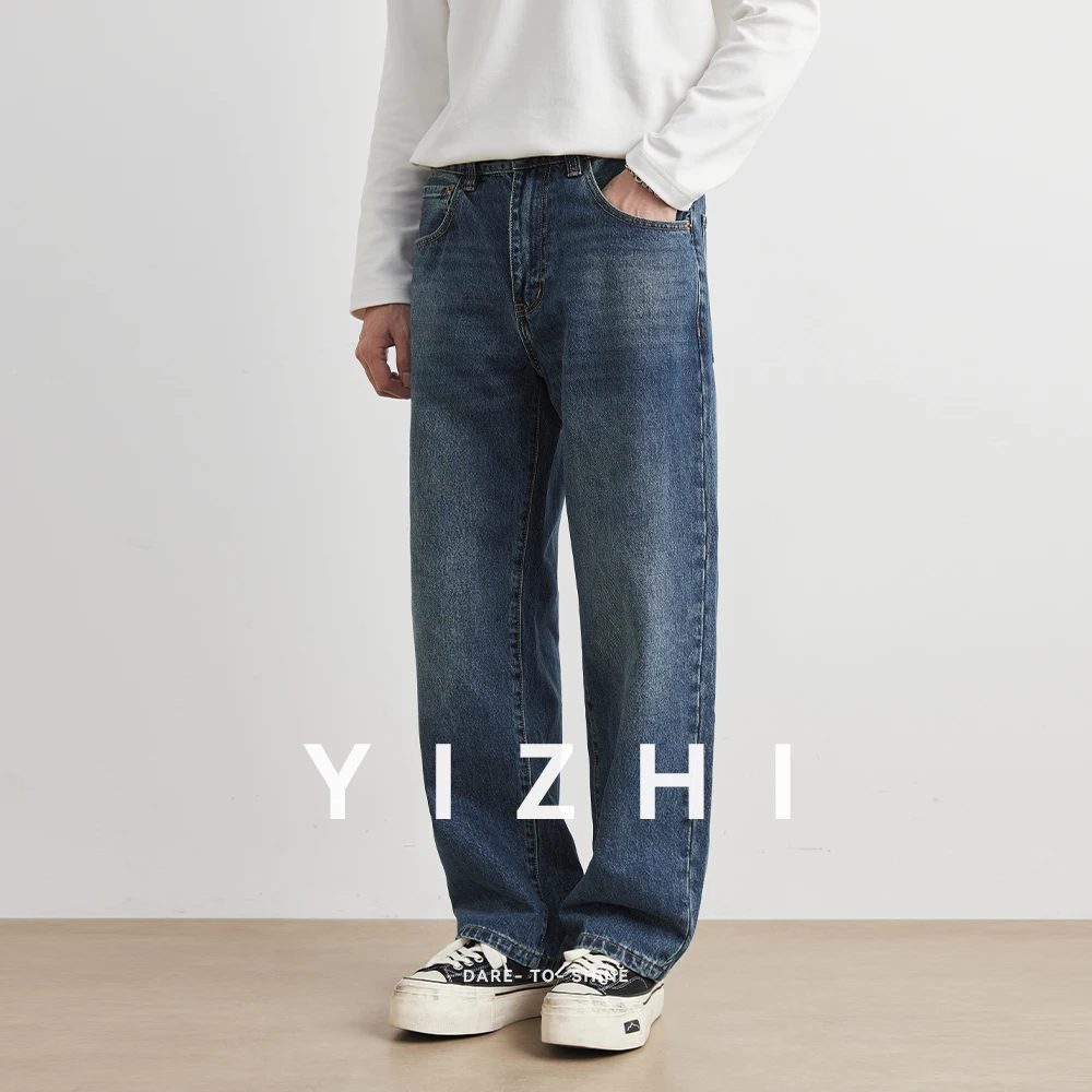 Blue Washed American Style Men's Jeans Straight Leg Loose Wide Leg Pants Retro Trendy Brand Casual Wear All Seasons Size Plus