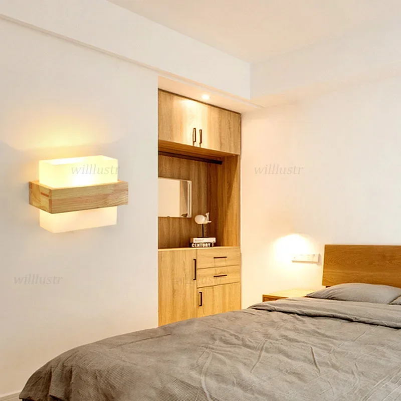 

Modern Glass Wall Lamp Creative Wood Sconce Hotel Cafe Aisle Porch Balcony Study Living Room Bedside Nordic Wooden Lighting