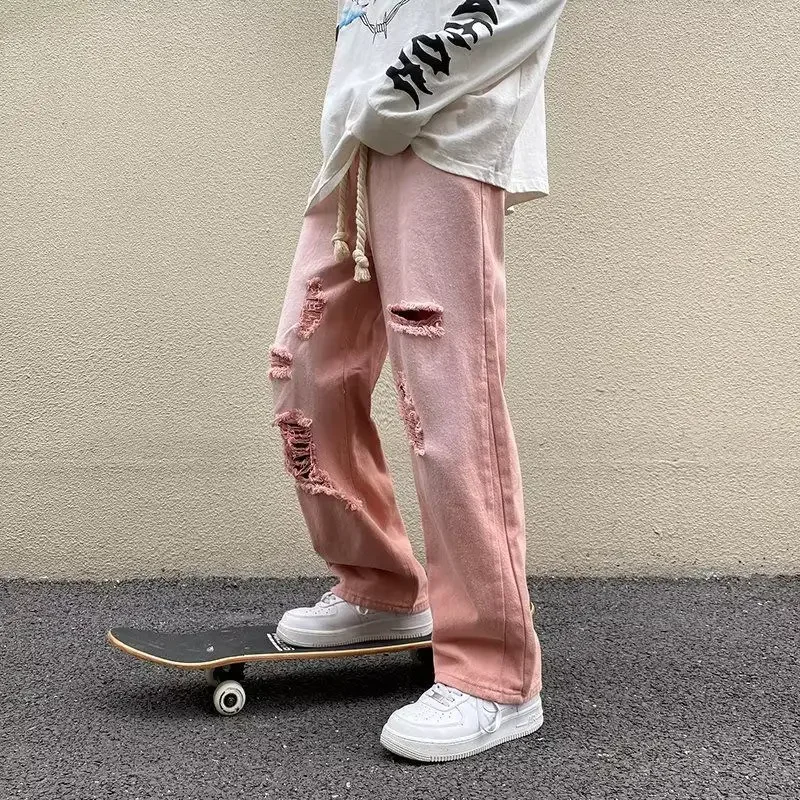 

Foufurieux American Style Ripped Dirty Pink Pants Men High Street Causal Loose Straight Wide Leg Jeans Men Trousers Male Clothes