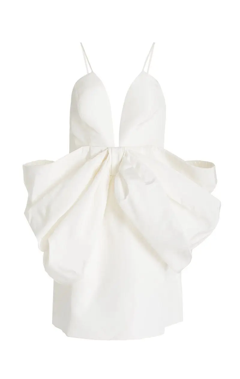 Exclusivo arco-detalhado faille de seda mini vestido branco vintage vestido de espaguete cinta sem costas mini vestido com decote em v vestidos bowknot