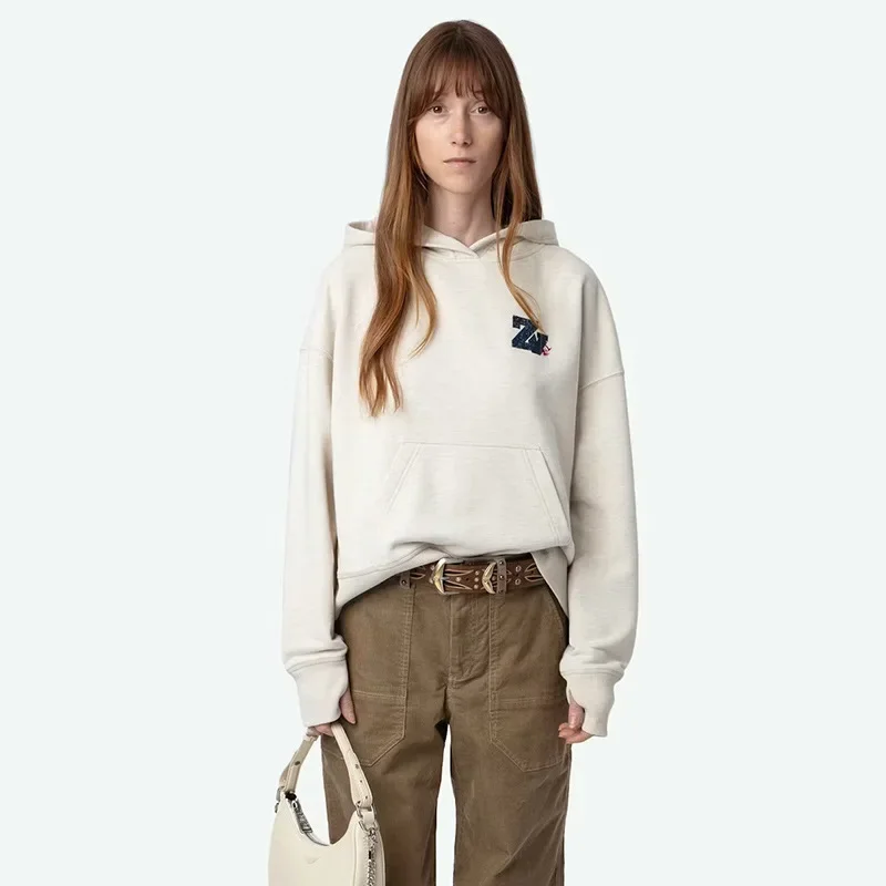 Pull polaire à capuche pour femme, nouvelle Niche française imprimée, diamant chaud, encre blanche, broderie diamant chaud, hiver