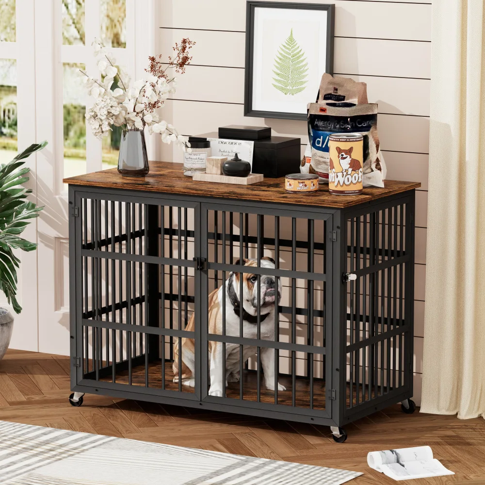 Furniture Style Dog Crate Wrought Iron Frame Door with Side Openings Rustic Brown 38''W X 27''D X 30''H Escape-Proof Double