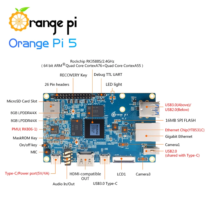 Orange Pi 5 16 Гб ОЗУ, Rockchip RK3588S, внешний Wi-Fi BT Gigabit Ethernet, акриловый чехол, радиаторы, ОС Android Debian