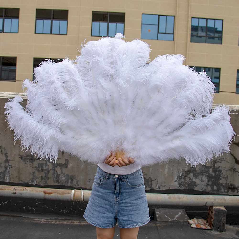 Big Ostrich Feather Fans 13 Bars White Plumes Folding Fan for Carnival Party Festival Opera Holding Props Decor Accessory