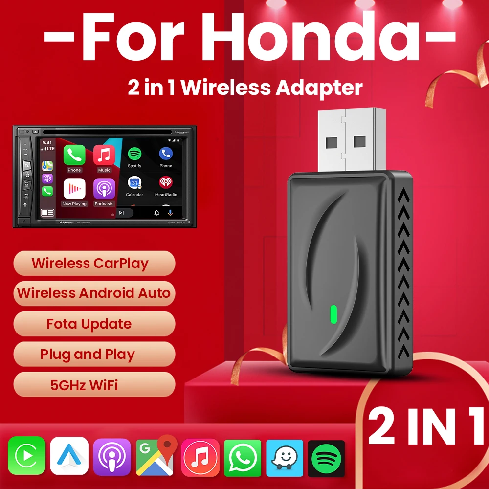 2025 Wireless Android Auto Carplay Adapter Bluetooth Wifi 5G plug and play For Honda Accord Civic Ridgeline CR‑V Pilot Fit HR‑V