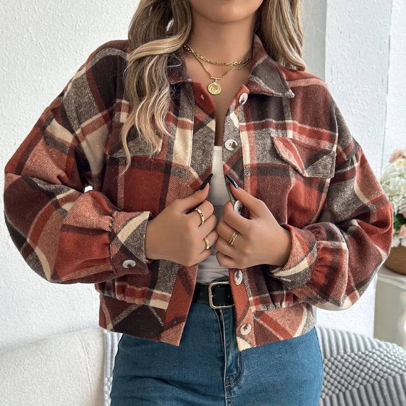 

2024 Print Plaid Turn Down Collar Women Full Sleeve Cardigan Short Coats Autumn Winter Single Breasted Button Regular Jackets