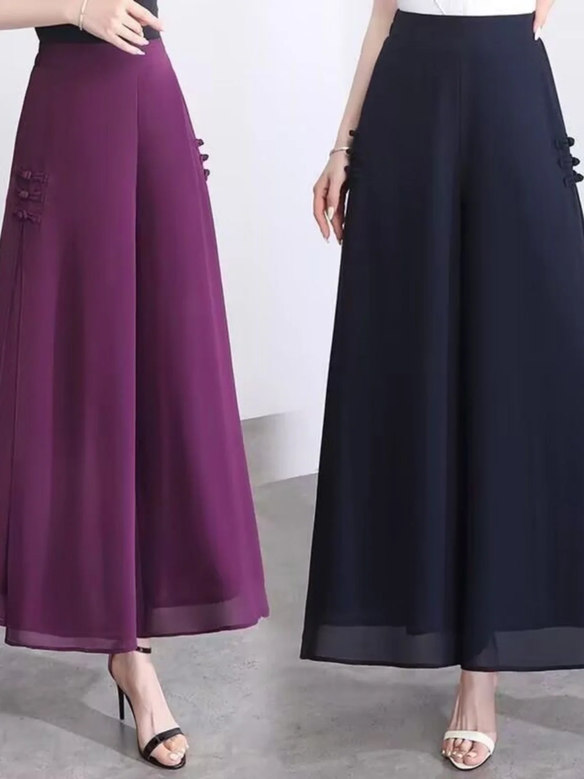 High Waist Wide Leg Pants Women's Summer Casual Trousers Nine Points Loose Straight Cut PU Material Fashionable Split Design