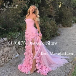 OLOEY Custom Made Baby Pink 3D Flowers Mermaid Evening Dress 2025 Elegant Ivory Sweetheart Side Slit Girls Prom Party Gown