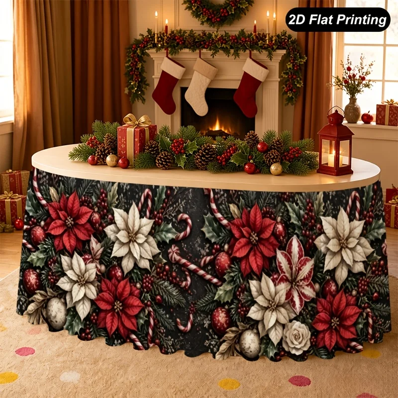 1 Christmas table dress, red Christmas flowers, dark brown flowers, perfect for home kitchen decoration