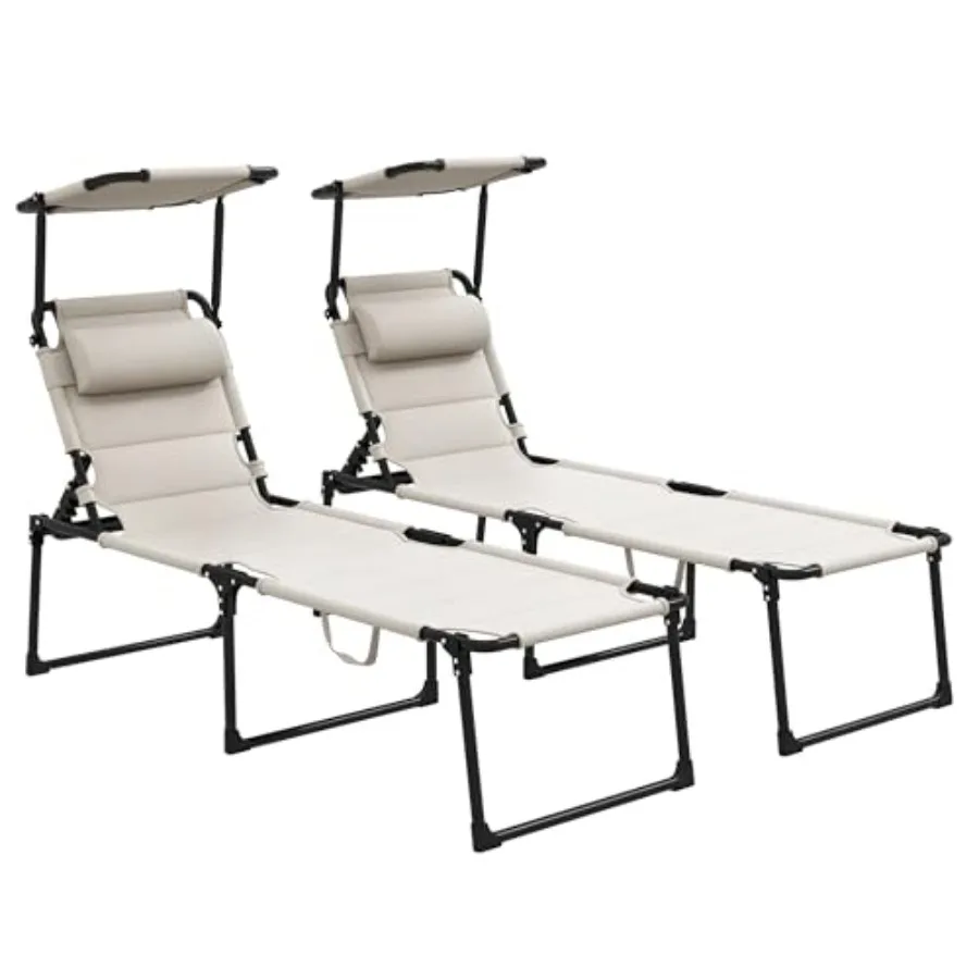 2 Pieces Outdoor Lounge Chair, Adjustable Backrest Folding Chaise Lounge, Cushioned Tanning Chair with Sunshade Roof and Pillow