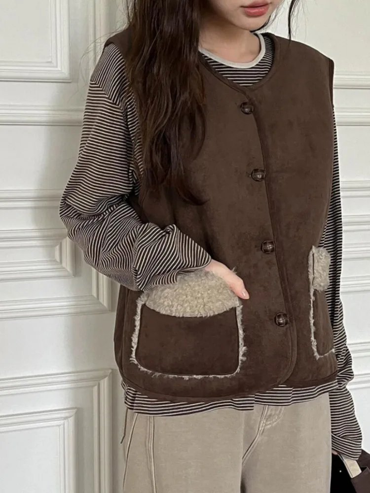 Gilet coréen d'hiver pour femmes, doux et jeune, en fourrure d'agneau, superposition intercée, polyvalent, longueur ort, boutonné