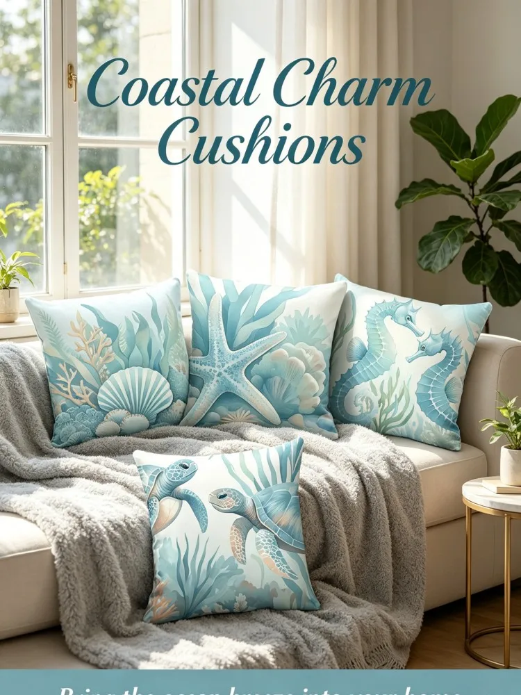 Pastel Ocean Peach Skin Cushion Covers  Gradient Blue Seaweed Coral Sea Animal Pattern Decorative Throw Pillow Covers, Minimalis