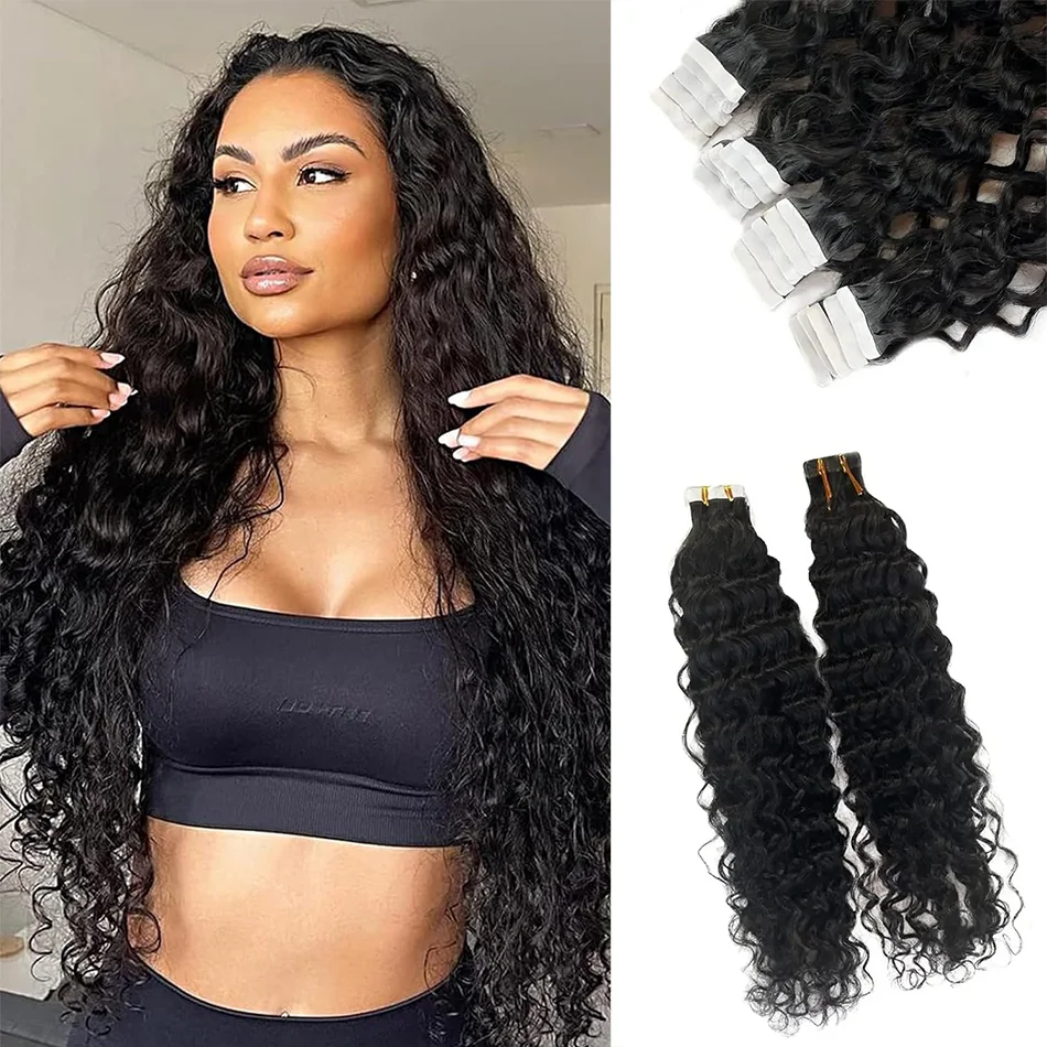 شريط مجعد عميق في وصلات الشعر شعر بشري برازيلي 100% شريط لاصق مموج مائي في وصلات شعر طبيعي أسود للنساء #1