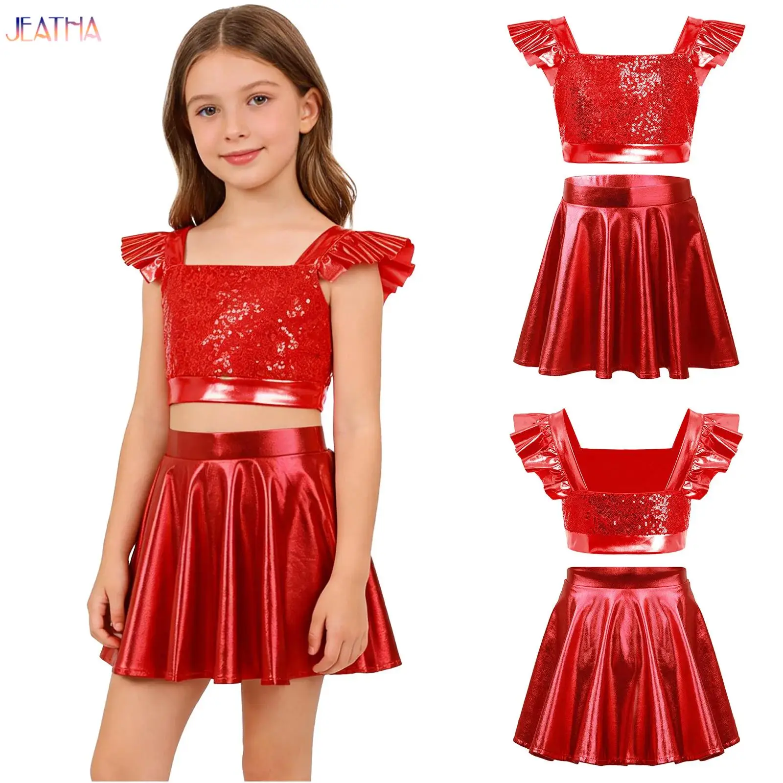 Kids Girls Hip Hop Jazz Dance Performance Costume Shiny Sequin Crop Top with Metallic Skirt Cheerleading Clothes Dancewear Set
