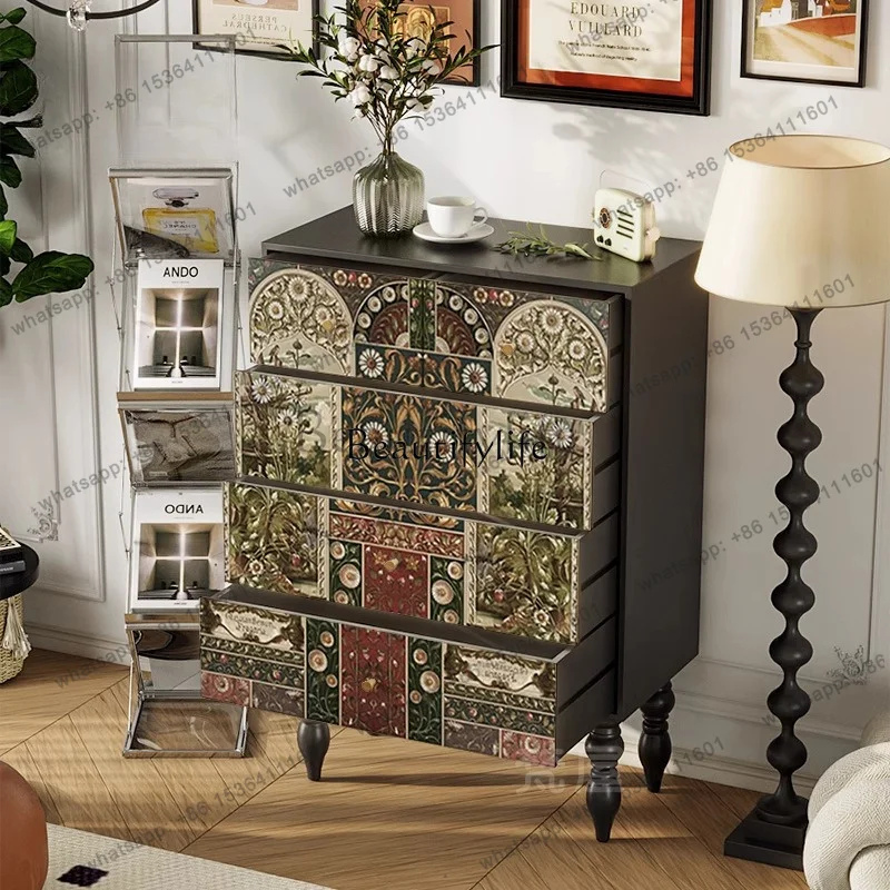 JJ -Retro light luxury solid wood chest of drawers, living room against the wall, high-footed drawer cabinet