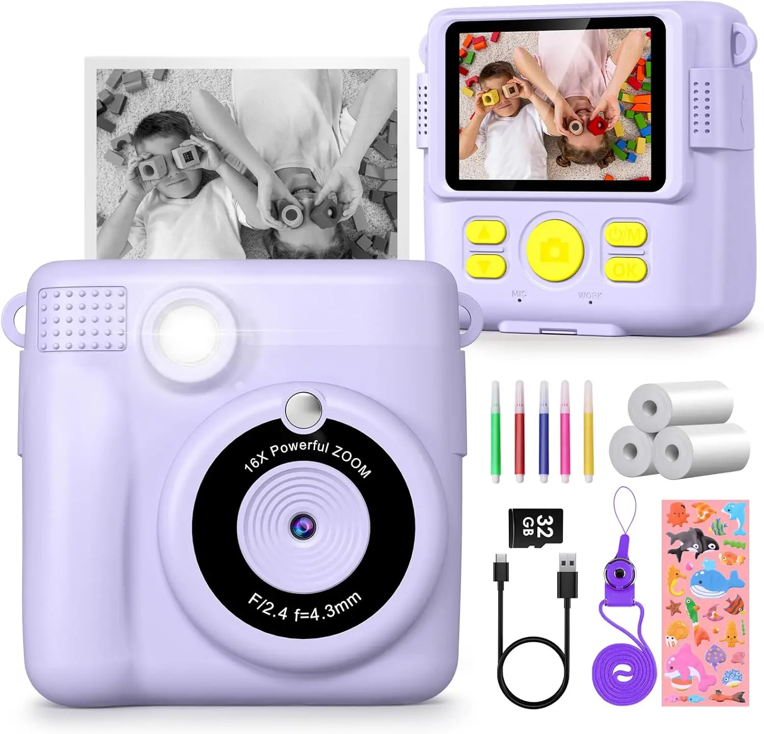 Gofunly Kinderen Instant Print Camera Thermisch Afdrukken Digitale Camera 2.4 "1080P Camera Speelgoed Voor 6-12 Jaar