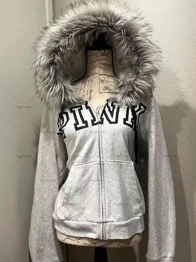 Punk Harajuku Y2K Fashion Versatile Warm Fur Collar Zipper Hoodie Men High Street Casual Loose Classic Sweatshirt Women