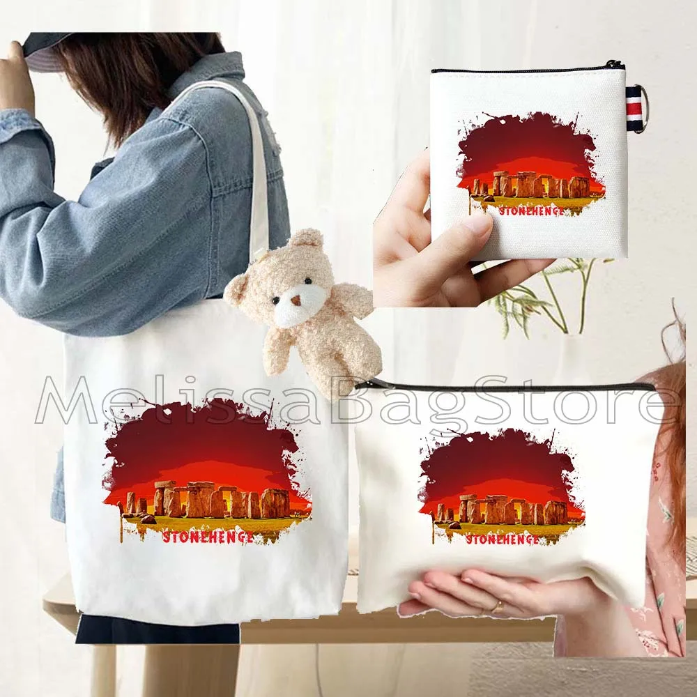 4PCS Gifts Set Stonehenge White Canvas Tote Bag Handbag with Doll Key Coin Purse Cosmetic Makeup Toilet Bag Case Pouch