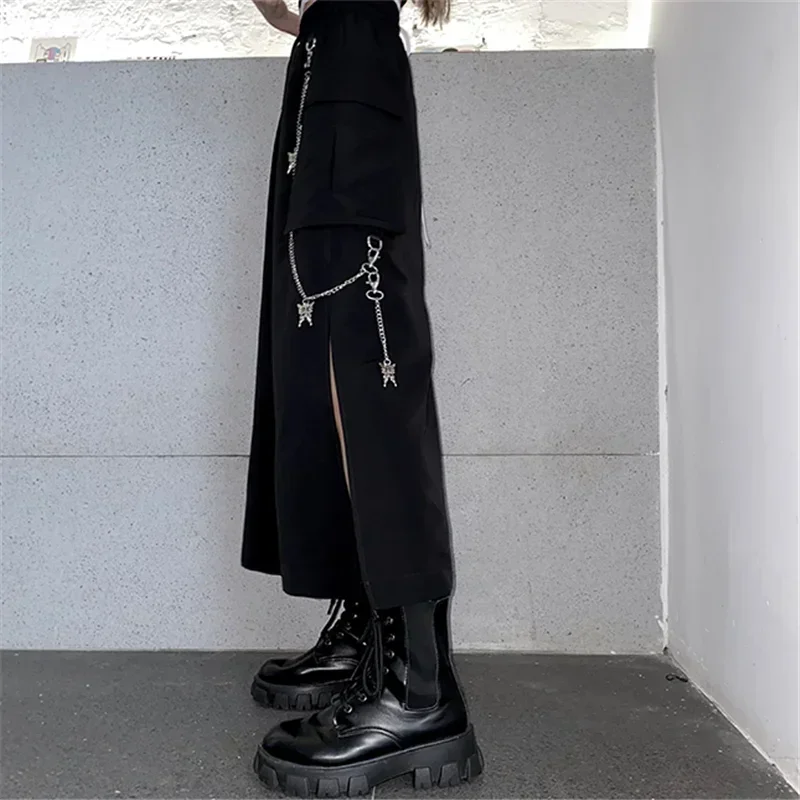 New Women Skirt 2025 Fashion Korean Style Black Long Skirts with Chain Side Slit Hip Hop Streetwear Woman