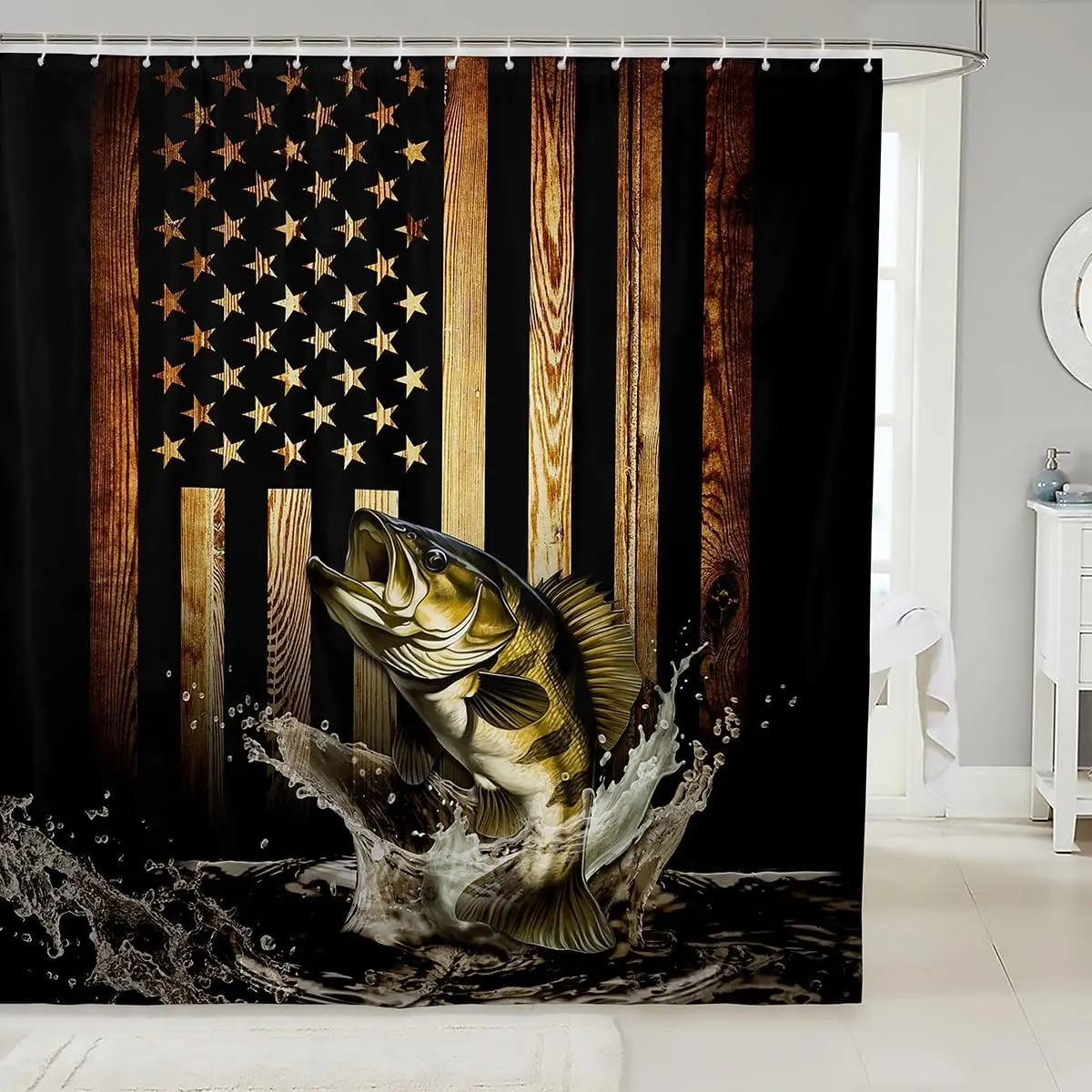 

Vintage American Flag Shower Curtain with Bass Fish Design, Fishing Hunting Rustic Wood Striped Bathroom Curtain for All Ages