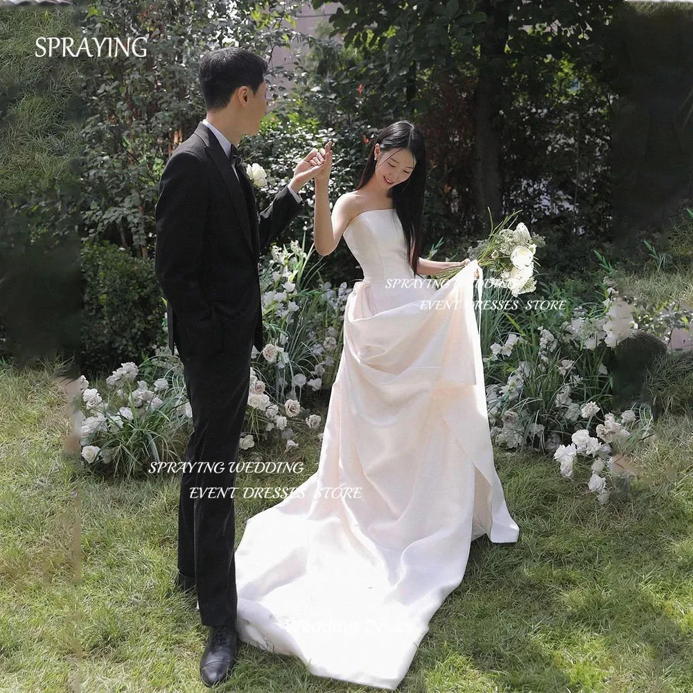 

SPRAYING Simple Strapless A Line Wedding Dress Korea Photoshoot Floor Length Evening Dresses Soft Satin Court Train Bridal Gown