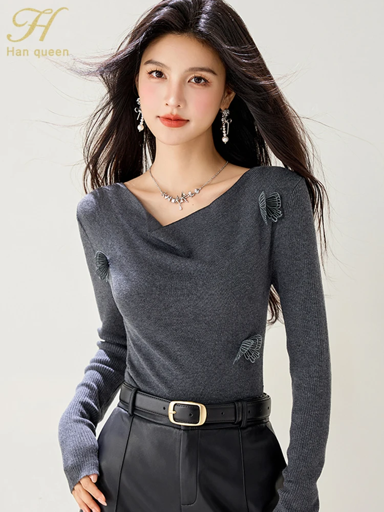 

H Han Queen, новая осенне-зимняя женская одежда, элегантный простой свободный винтажный трикотаж с длинными рукавами, рабочие повседневные топы, женский свитер