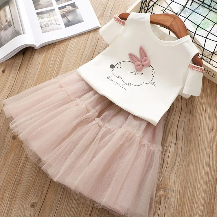 Girls' Clothing Sets Summer Hollow Sleeve Elegant Cartoon Rabbit Top +Gauze Skirt 2PCS Princess Children Baby Kids Clothes Suit