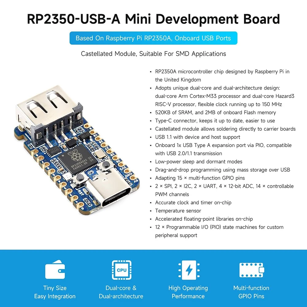 RP2350A USB Mini Development Board – Dual-Core Arm/RISC-V MCU, 150MHz, USB Type-A, Based On Raspberry Pi RP2350A