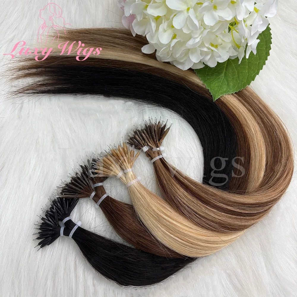 ナノリングマイクロリンク人毛エクステンション 12-20 インチストレートケラチンカプセルナチュラルブラウンマイクロビーズループヘアエクステンション