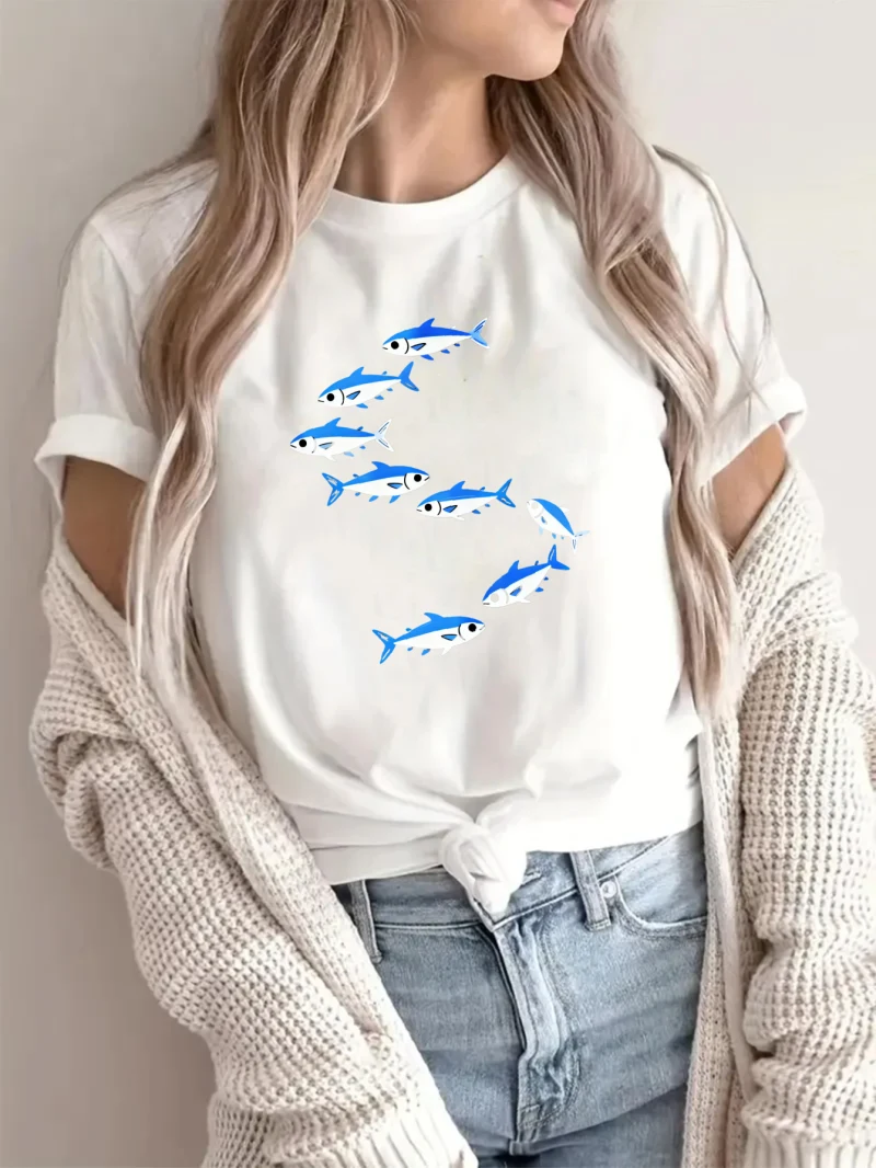 

Женская свободная хлопковая футболка в парном стиле с синим школьным принтом рыбы и короткими рукавами, повседневный топ, летняя уличная пляжная дорожная одежда