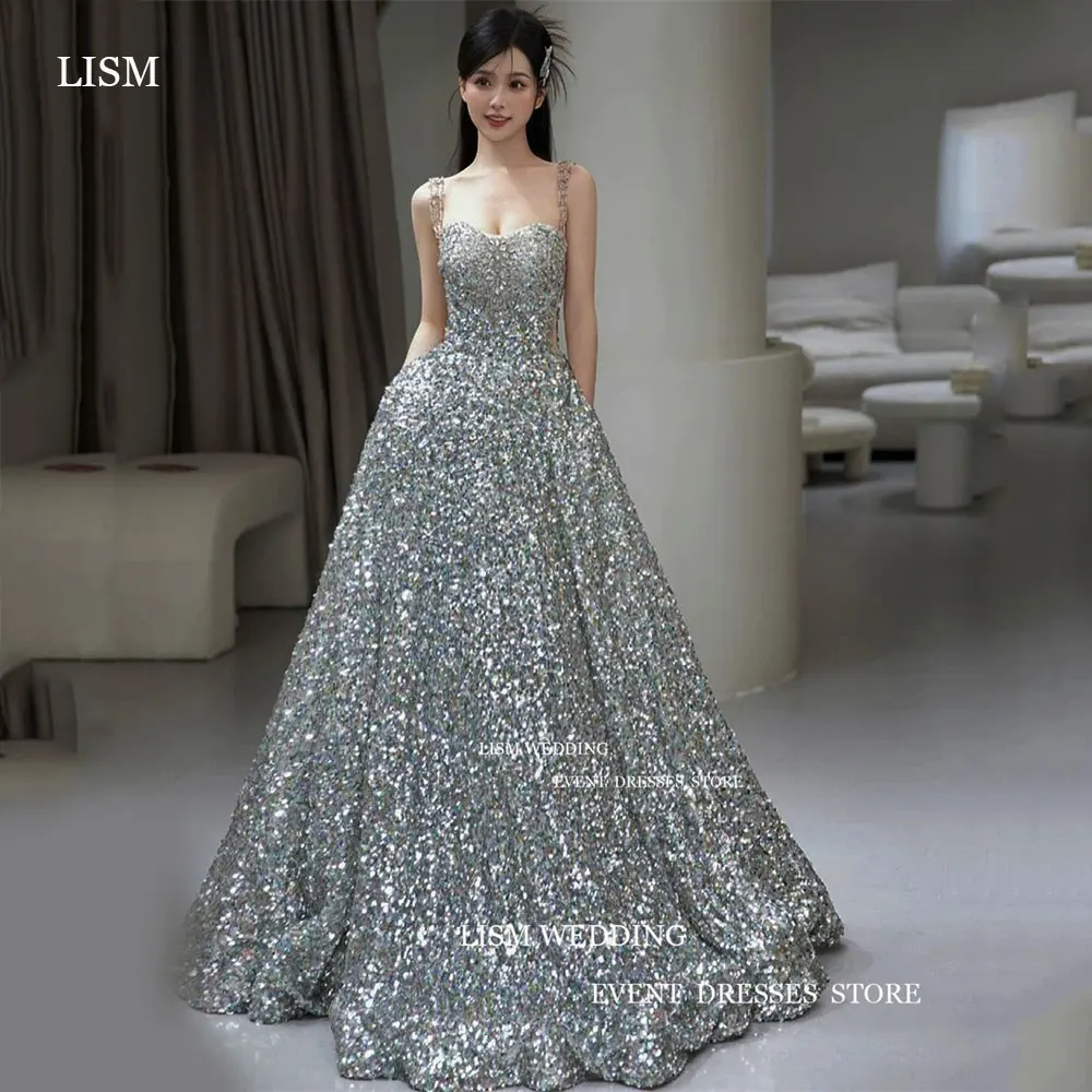 

LISM Charming Glitter Silver Korea Evening Party Dresses Shiny Exquisite Long Prom Gown Sweetheart Sleeveless Dress