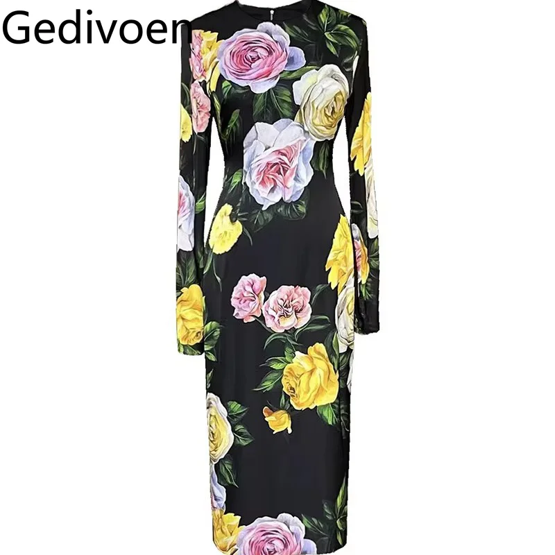 Gedivoen Autumn And Winter Women's Dress Long Sleeved High Waist Elegant Print Pretty Slim-Fit Hip Wrap Black Silk Dresses