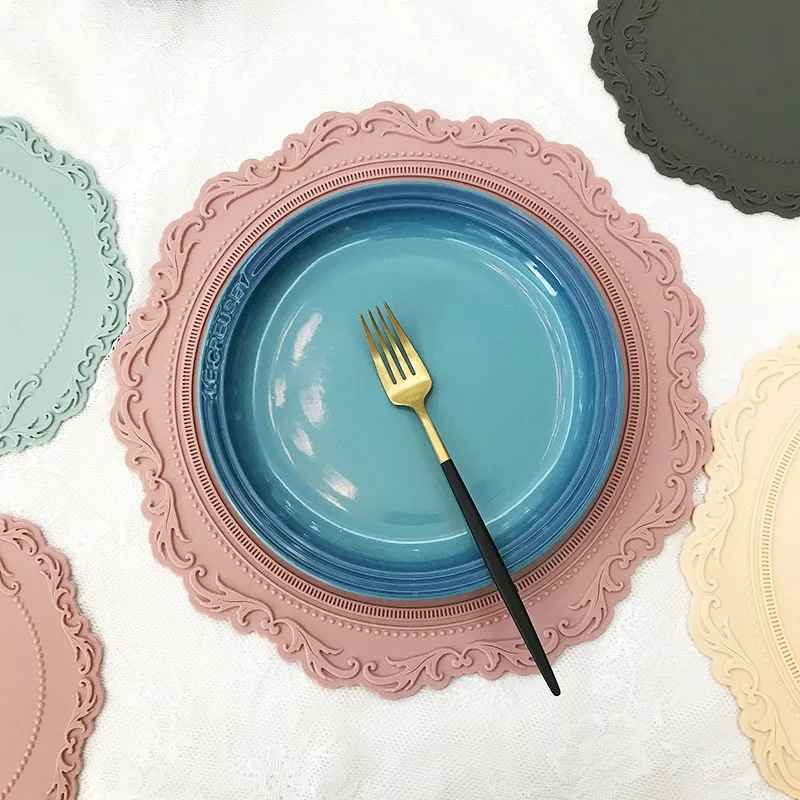 

Silicone Placemat Round Flower Coffee Dinner Table Mat 34CM Embossed Pink Coaster Heat Resistant Kitchen Tableware Dining Mat