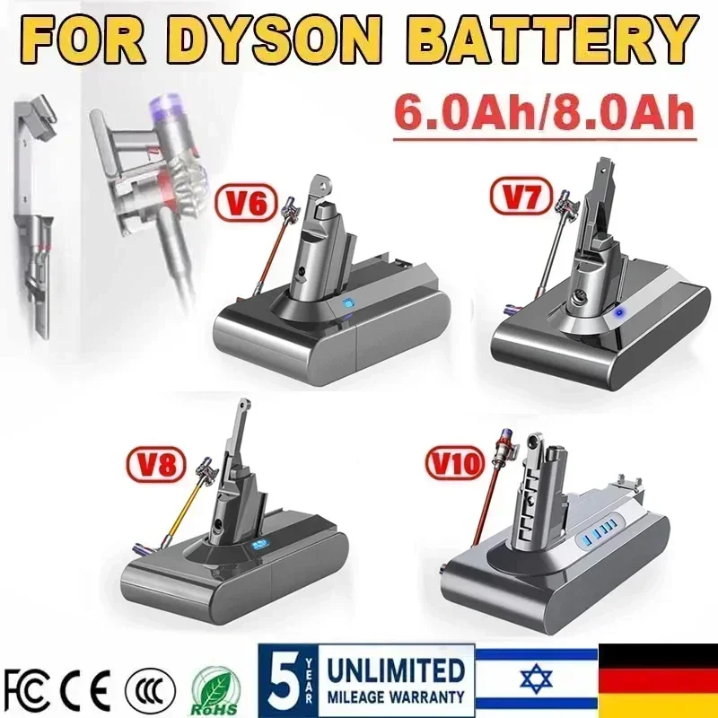 8.0Ah สําหรับ Dyson V6 V7 V8 V10 ชาร์จ Bateria SV10 SV11 SV12 SV09 SV05 เครื่องดูดฝุ่นแบตเตอรี่ DC61 ที่นอนไซโคลนแบตเตอรี่